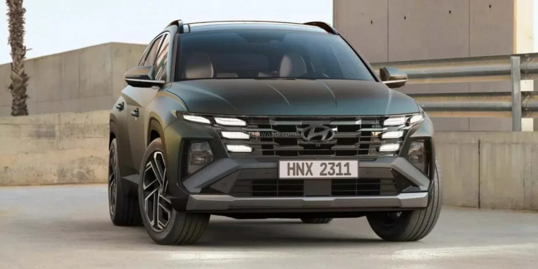 2025 next‑gen Hyundai Venue SUV and Ioniq 5 facelift parked side‑by‑side on a coastal road at sunrise, showcasing updated grille, pixel LED lights, and new alloy‑wheel designs