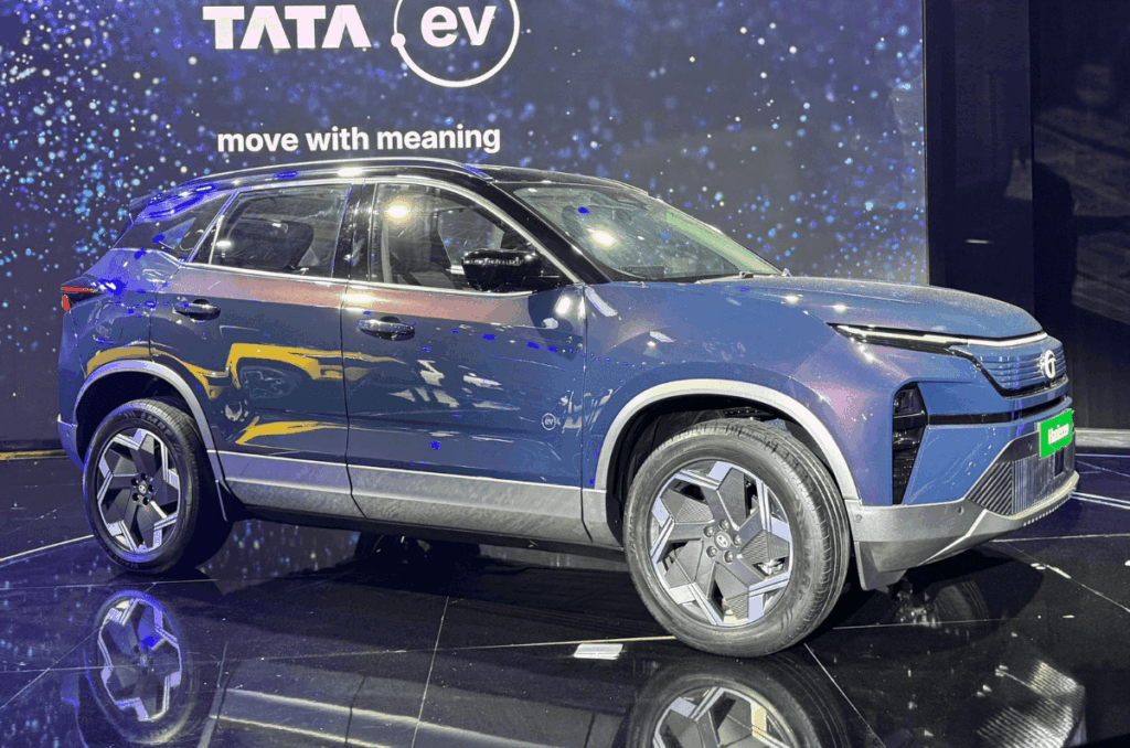 Tata Harrier EV parked outdoors showcasing sleek electric SUV design and modern LED headlights.