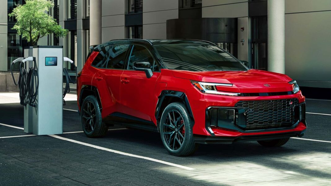 Red 2026 Toyota RAV4 GR Sport showing sporty design and aggressive front grille.